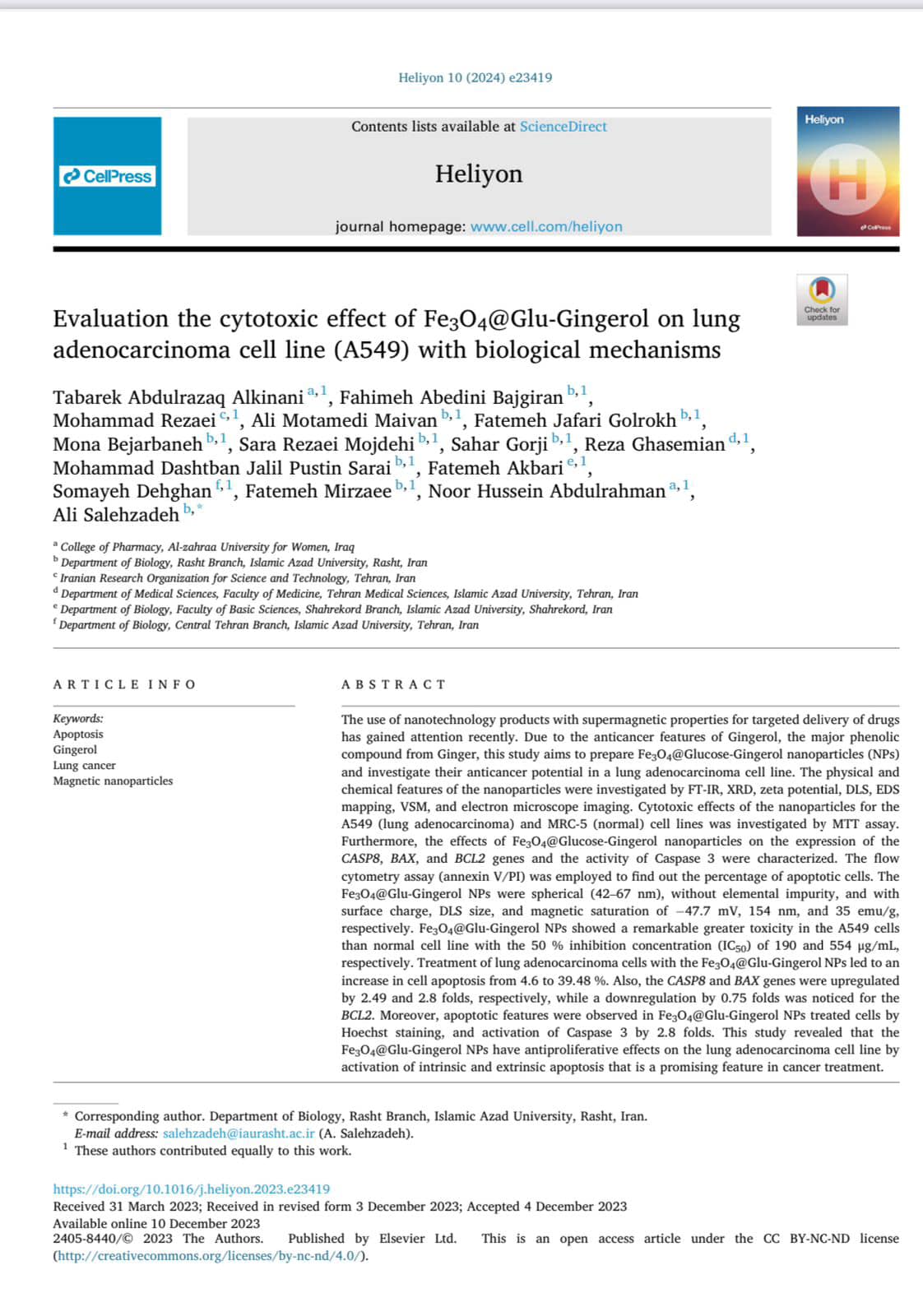 (Evaluation the cytotoxic effect of Fe3O4@Glu-Gingerol on lung adenocarcinoma cell line (A549) with biological mechanisms)