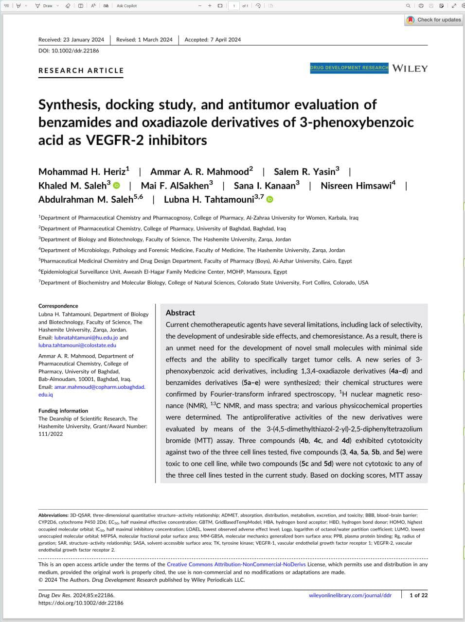 The research entitled. “Synthesis, docking study, and antitumor evaluation of benzamides and oxadiazole derivatives of 3-phenoxybenzoic acid as VEGFR-2 inhibitors” has been published by Dr. (Mohammed Hamza Haraz),