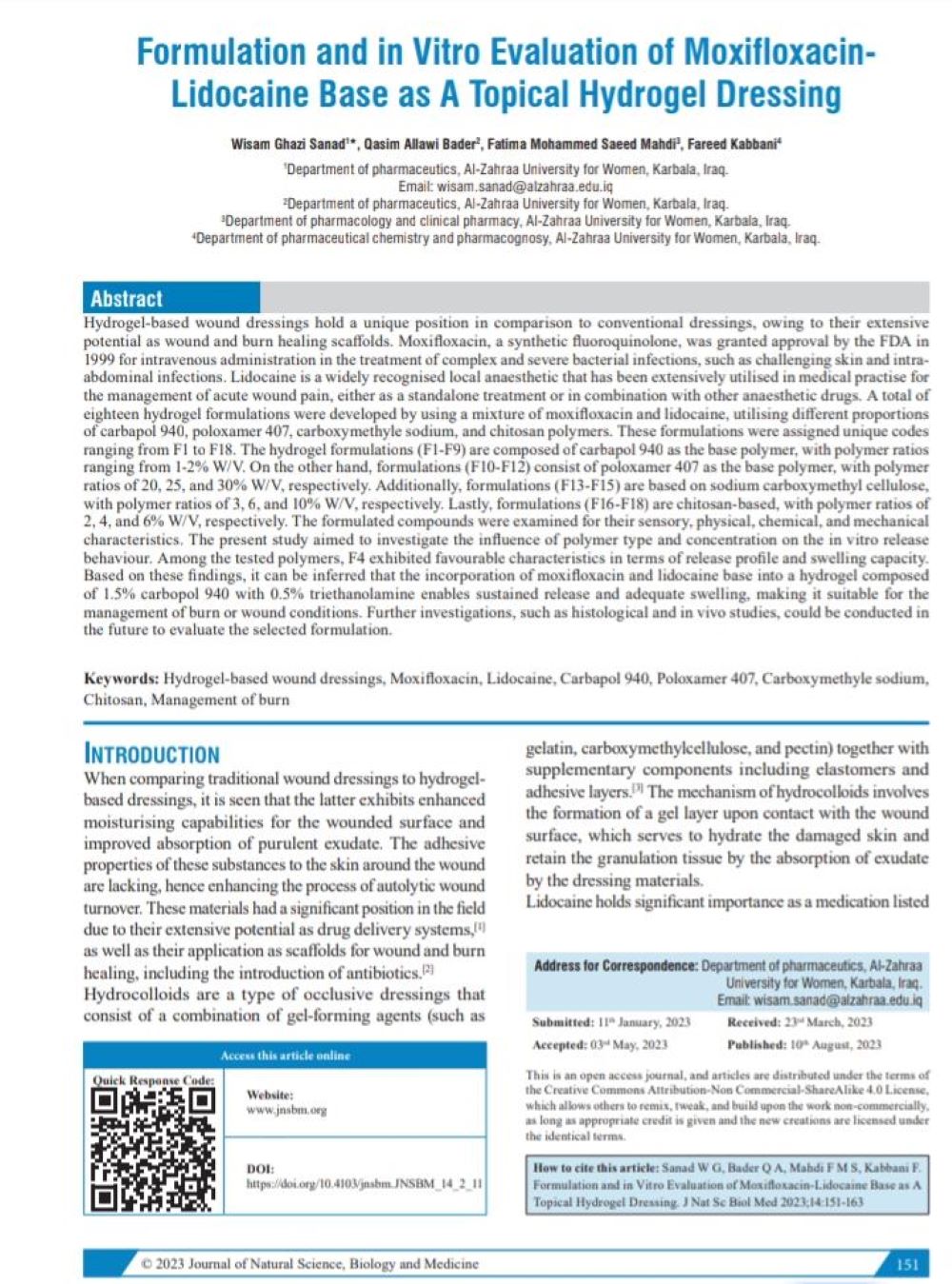 Formulation and in-vitro evaluation of Moxifloxacin-Lidocaine base as a topical hydrogel dressing