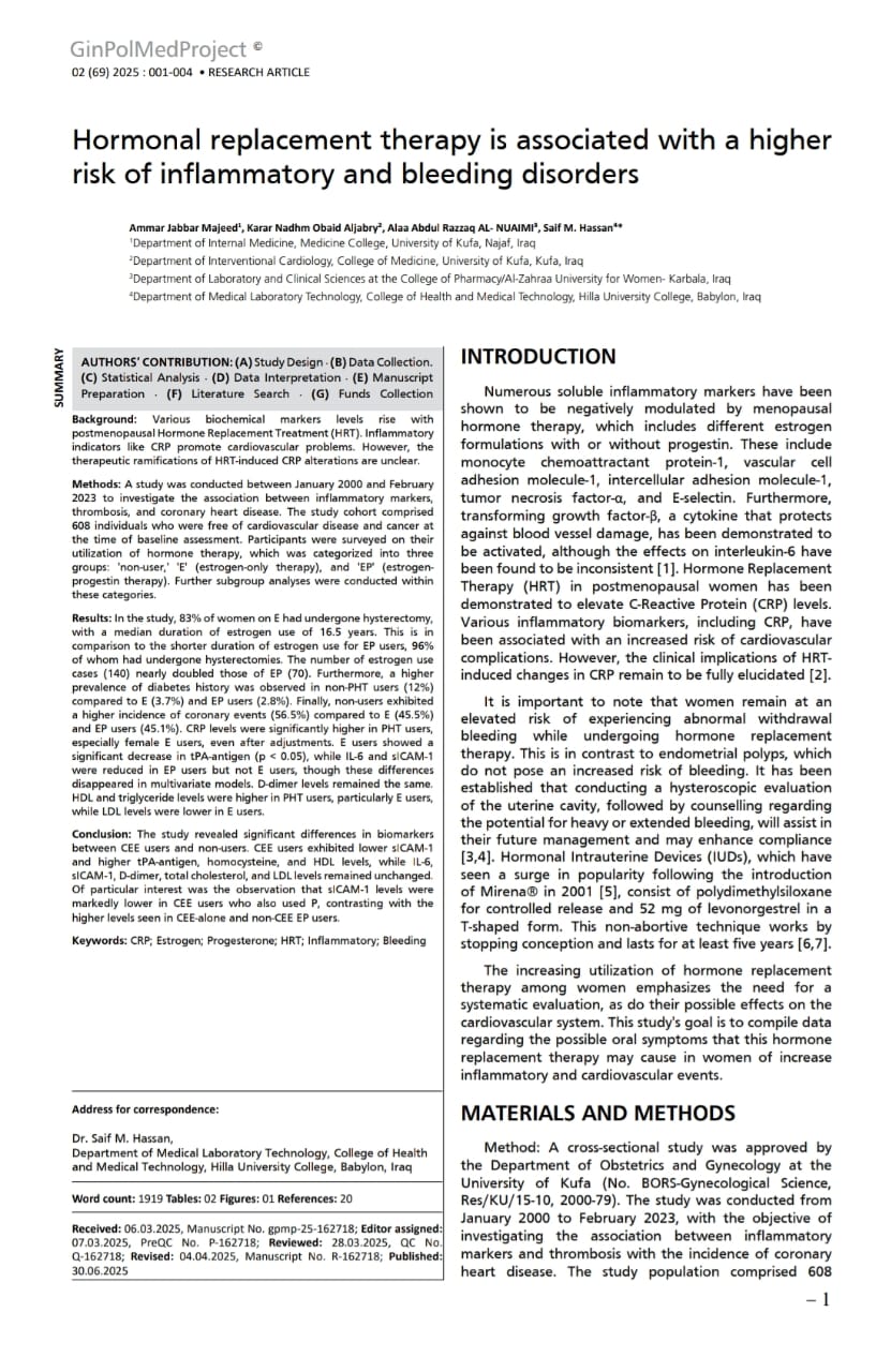 تدريسي في كلية الصيدلة بجامعة الزهراء ينشر بحثاً عالمياً حول مخاطر العلاج الهرموني البديل وتأثيره على الالتهابات والنزيف